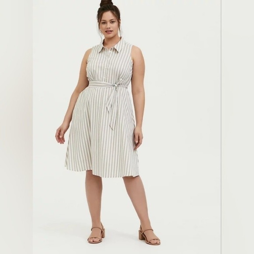 TORRID TAUPE & WHITE STRIPE POPLIN SHIRT DRESS BUTTON UP SASH MIDI SIZE 1